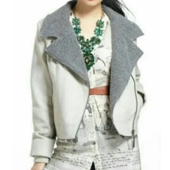 Anthropologie Cartonnier cream gray Sherpa Wool Blend Moto Jacket S - Picture 2 of 12
